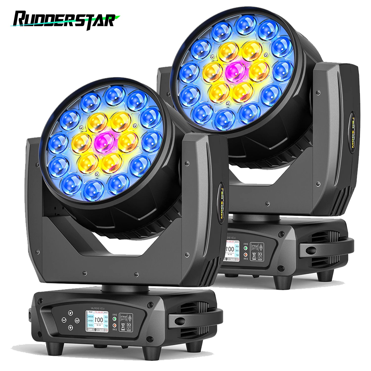 2PCS 19x15W Beam Moving Head Light RGBW LED Lighting Zoom Wash Lights DMX Stage Effect Lighting for Disco Party Concert Theater
