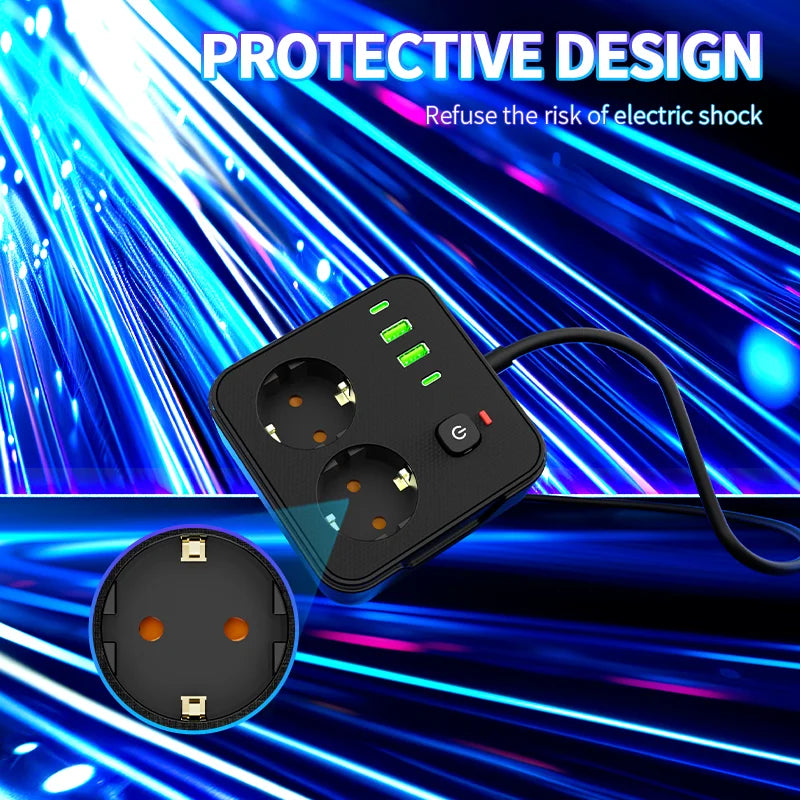EU Plug Power Strip 2 AC 2 USB-A 2 Type-C Charging Station with Lightning Protection & Overload Safety, Wall-Mounted Outlet