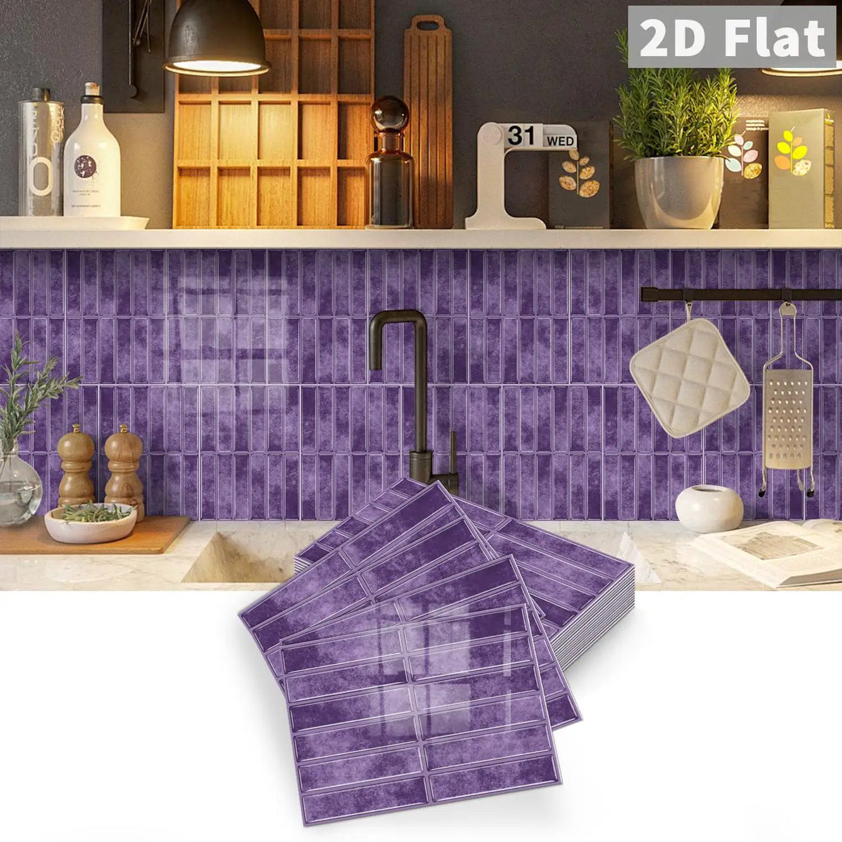Purple 2D flat tile decal sticker sheets with glossy grid pattern for backsplash