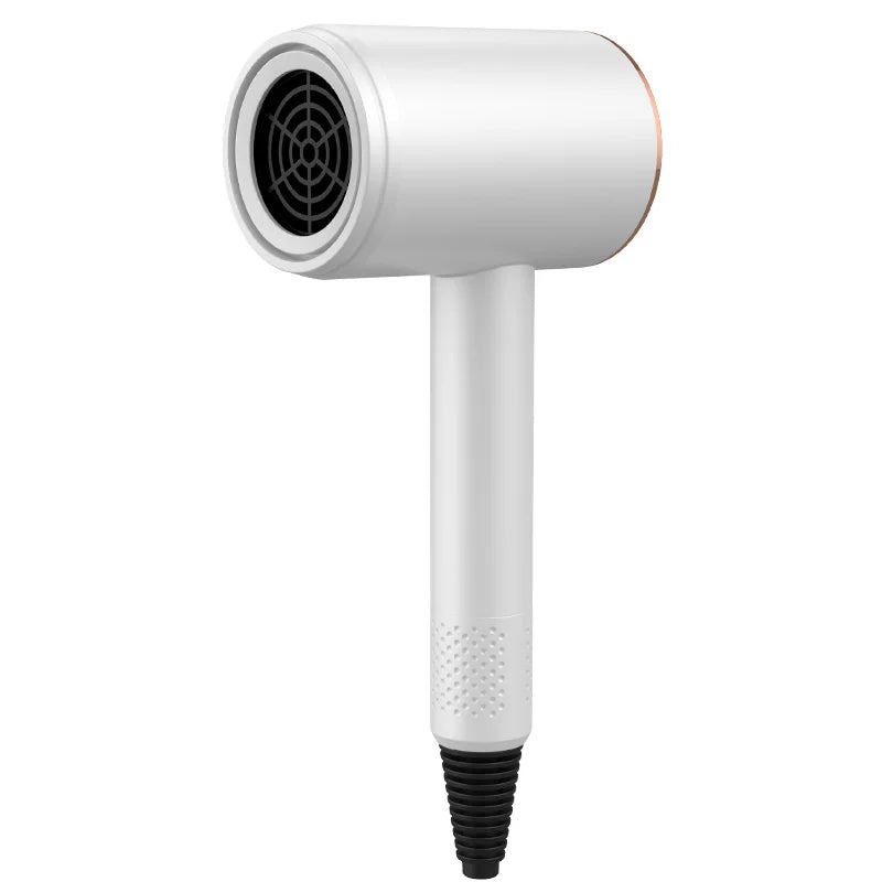 White high-speed ionic hair dryer with gold accent, sleek ergonomic design, and powerful airflow for quick drying.
