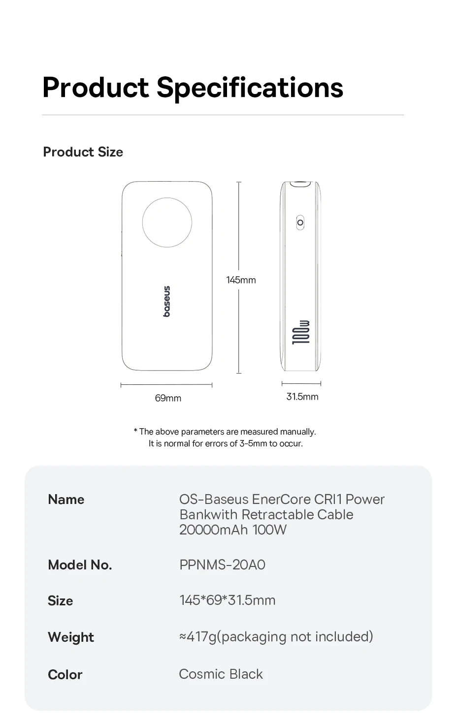 20000mAh 100W PD Power Bank with Retractable USB-C Cable Tidesmit