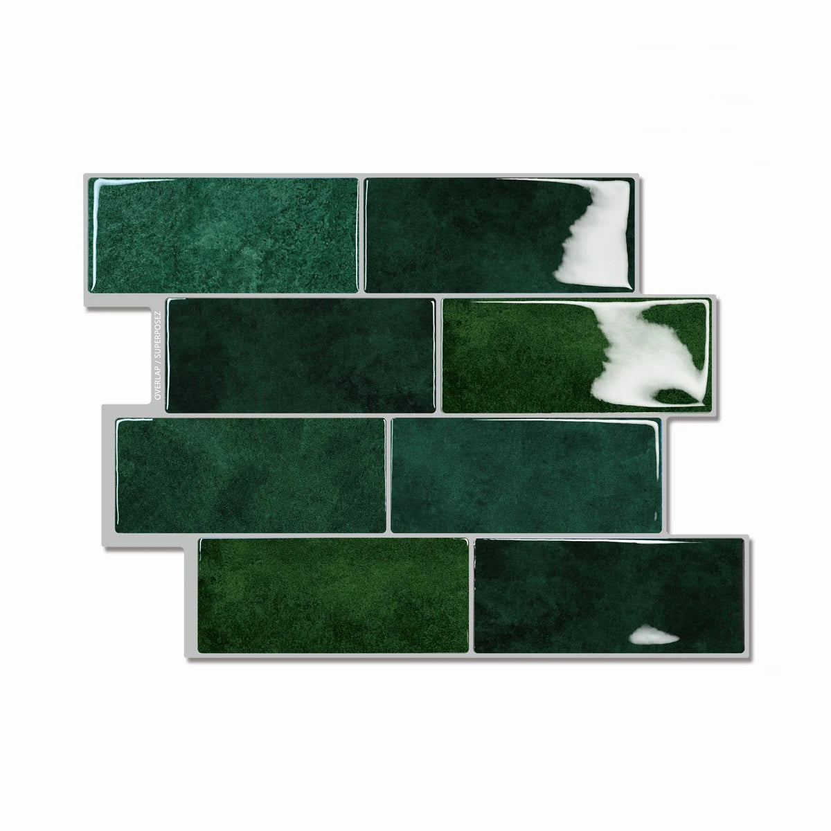 Dark green marble-look tile peel-and-stick sheet with white veining and glossy finish
