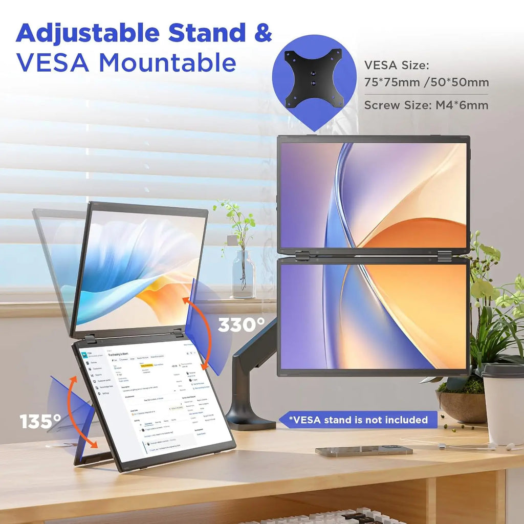 14'' Portable Monitors Dual Screen1920*1200 1.2K Triple Pc Display Laptop Screen Extender Folding Stacked Dual Monitors
