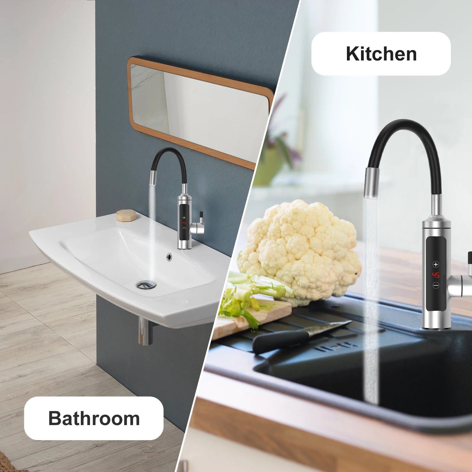 Instantaneous Water Heater Tap with Temperature Display,360° Rotatable Stainless Steel Kitchen Electric Heating Faucet