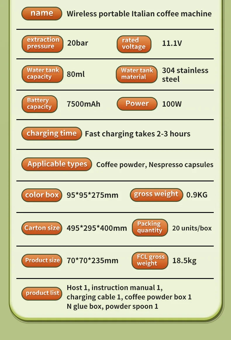 Wireless portable Italian coffee machine with 20bar pressure, 80ml stainless steel tank, for powder or capsules.