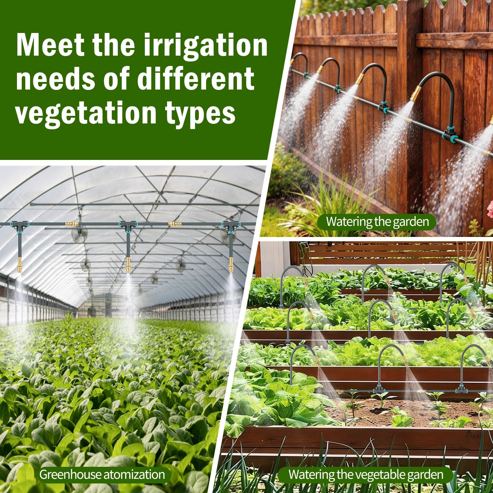 Drip irrigation system delivering water through greenhouse rows and raised garden beds.