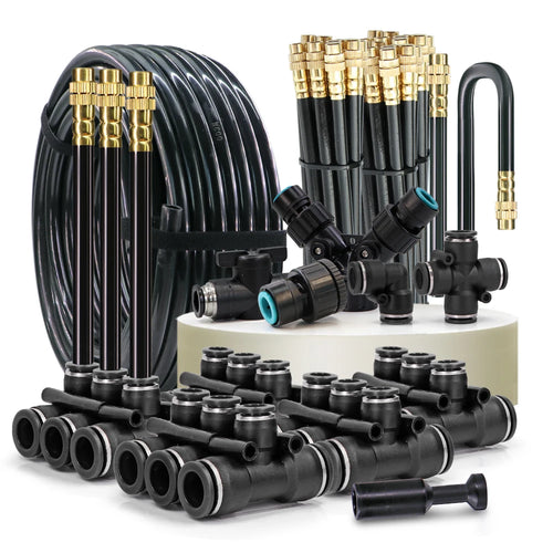 Garden auto watering nozzle set with coiled tubing, brass connectors, and multiple sprayer tips