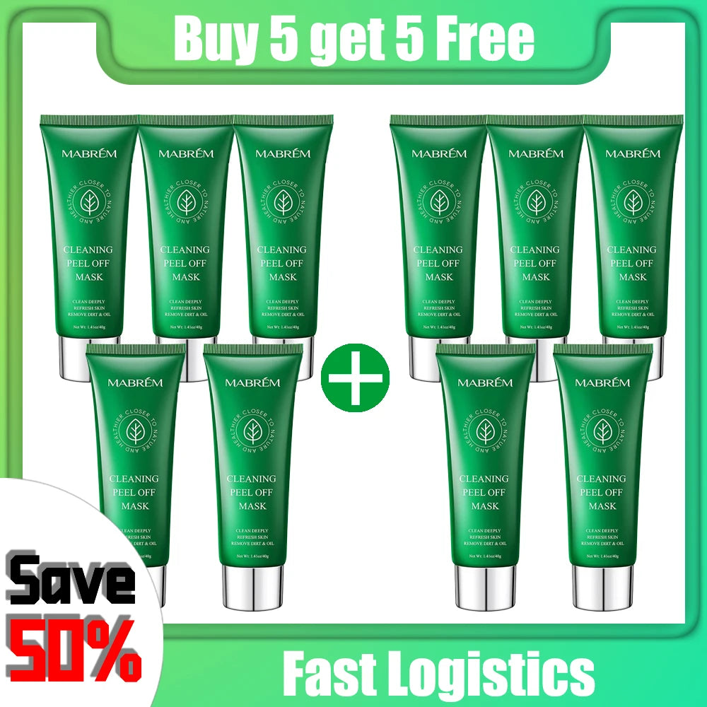Ten green MABRÉM peel-off cleaning mask tubes arranged in groups, promoting a "Buy 5 get 5 free" offer.