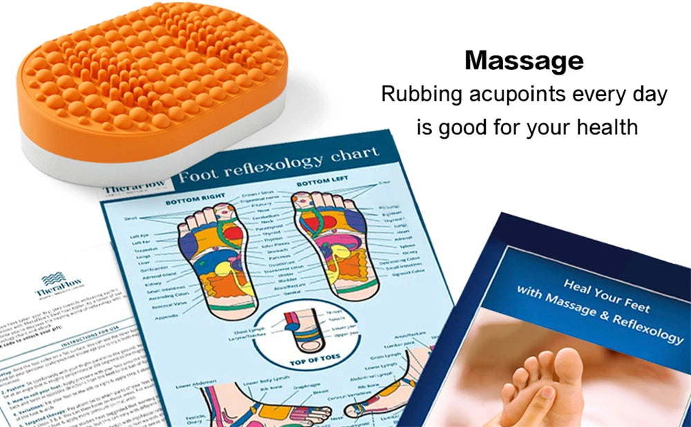 Orange silicone foot massage roller and reflexology chart for under-desk plantar fasciitis relief at home or work.