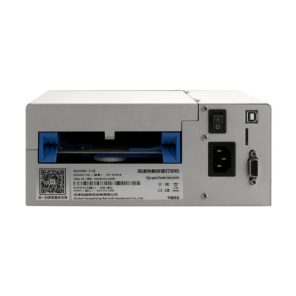 Industrial thermal label barcode printer rear panel with power switch and ports