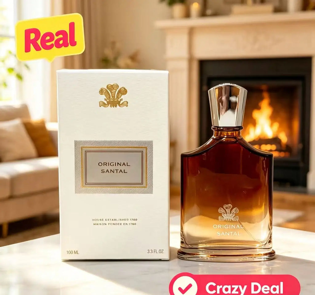 Creed Original Santal 100ml men's cologne. Amber glass bottle, spicy woody fragrance, luxury EDP. Long-lasting scent.