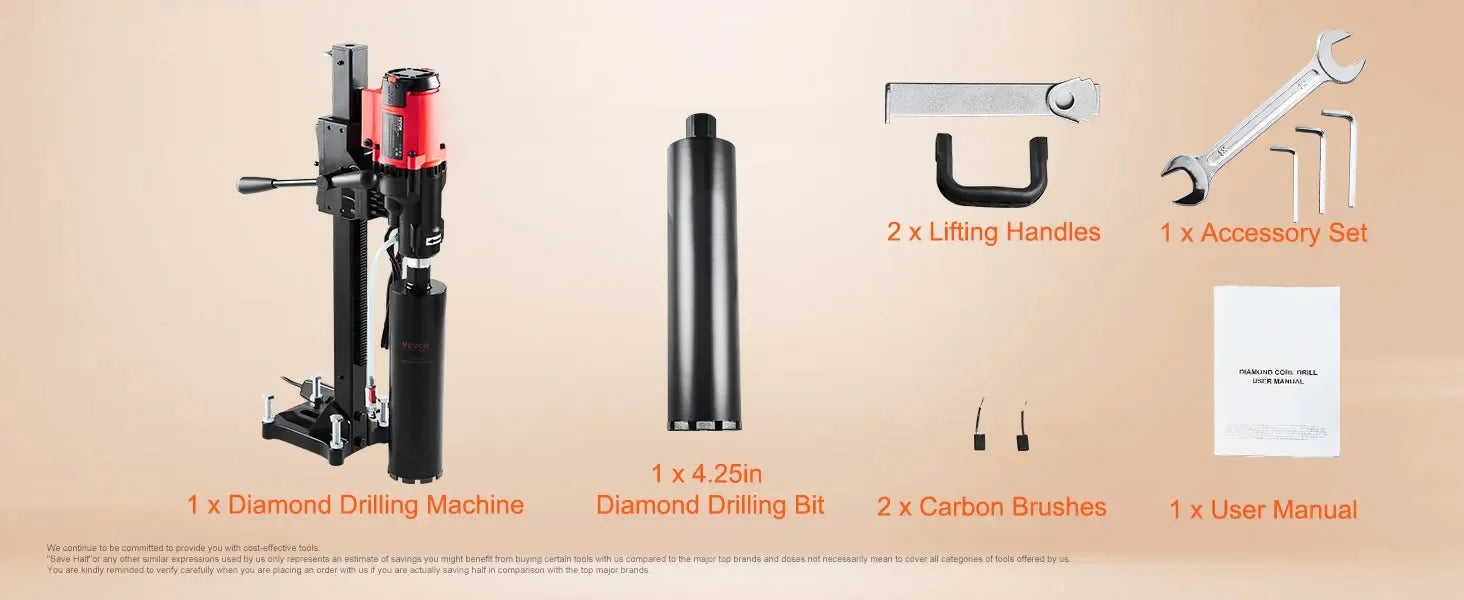 VEVOR 3200W wet dry dual-purpose diamond drilling machine 750 rpm concrete with bracket water drilling rig