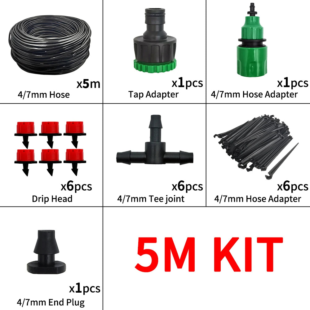 5M micro drip irrigation kit parts: black 4/7mm hose, tap adapter, tee joint, drip heads
