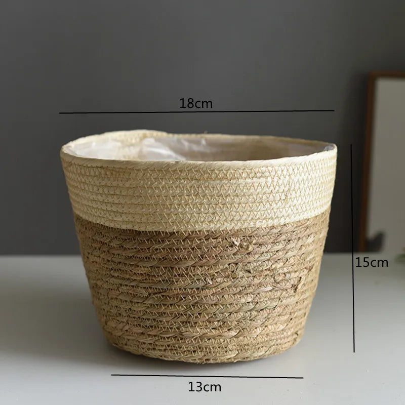 Woven grass planter basket with light cream top band and tan weave, 13cm wide.