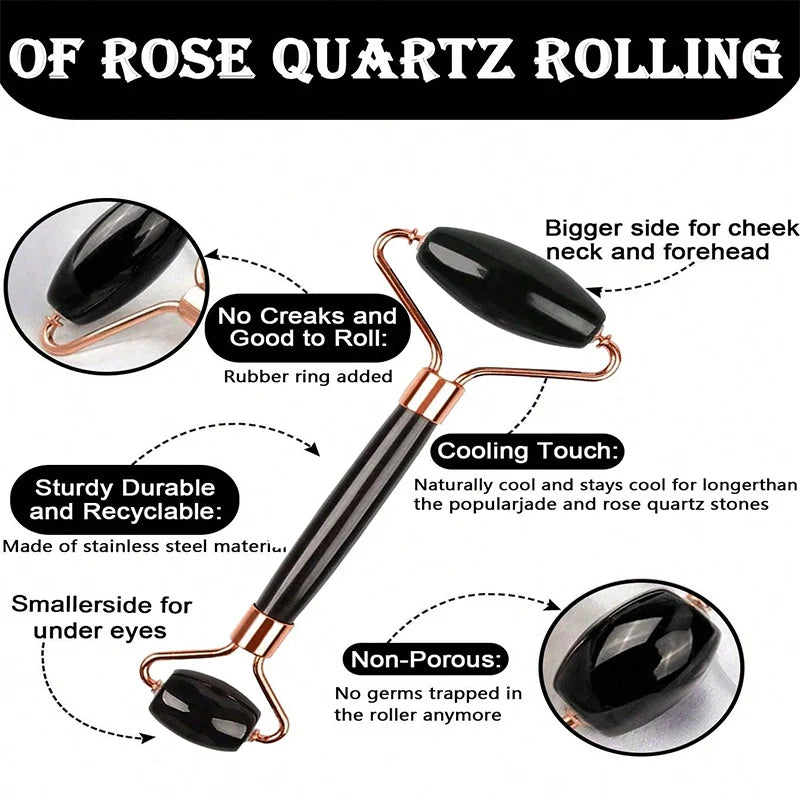 A dual-ended black stone facial roller with rose gold metal accents and descriptive callouts for skincare use.
