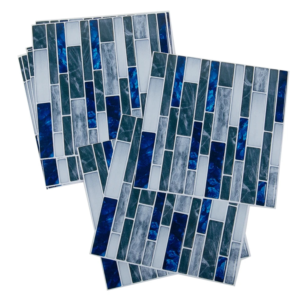 Blue and gray mosaic tile wall sticker set with textured tile panel arrangement
