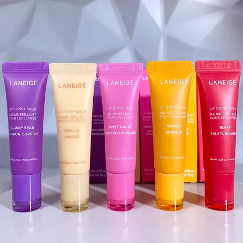 Five Laneige Lip Glowy Balm tubes in assorted colors for smoothing, hydrating, and nourishing lip makeup care.