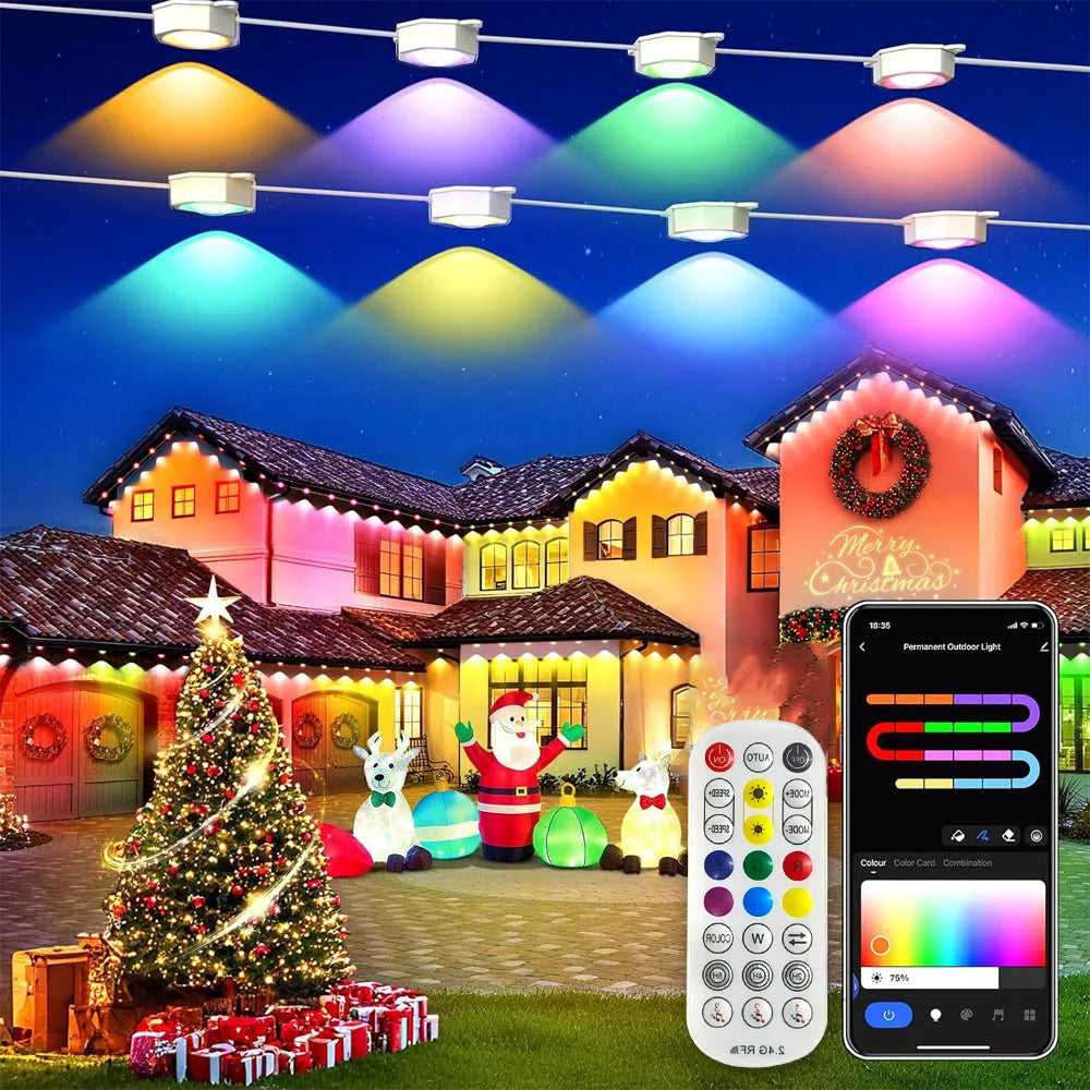 LED Permanent Outdoor Lights IP67 Waterproof RGBIC Eave Lights With Remote for Christmas New Year Roof DIY Holiday String Light