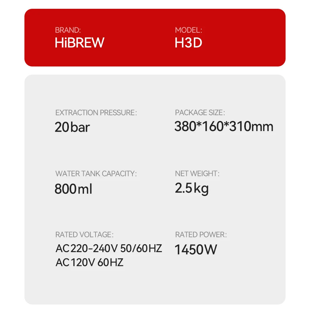 HiBREW H3D coffee maker specification chart: 20 bar pressure, 800ml water tank, and 1450W power output.