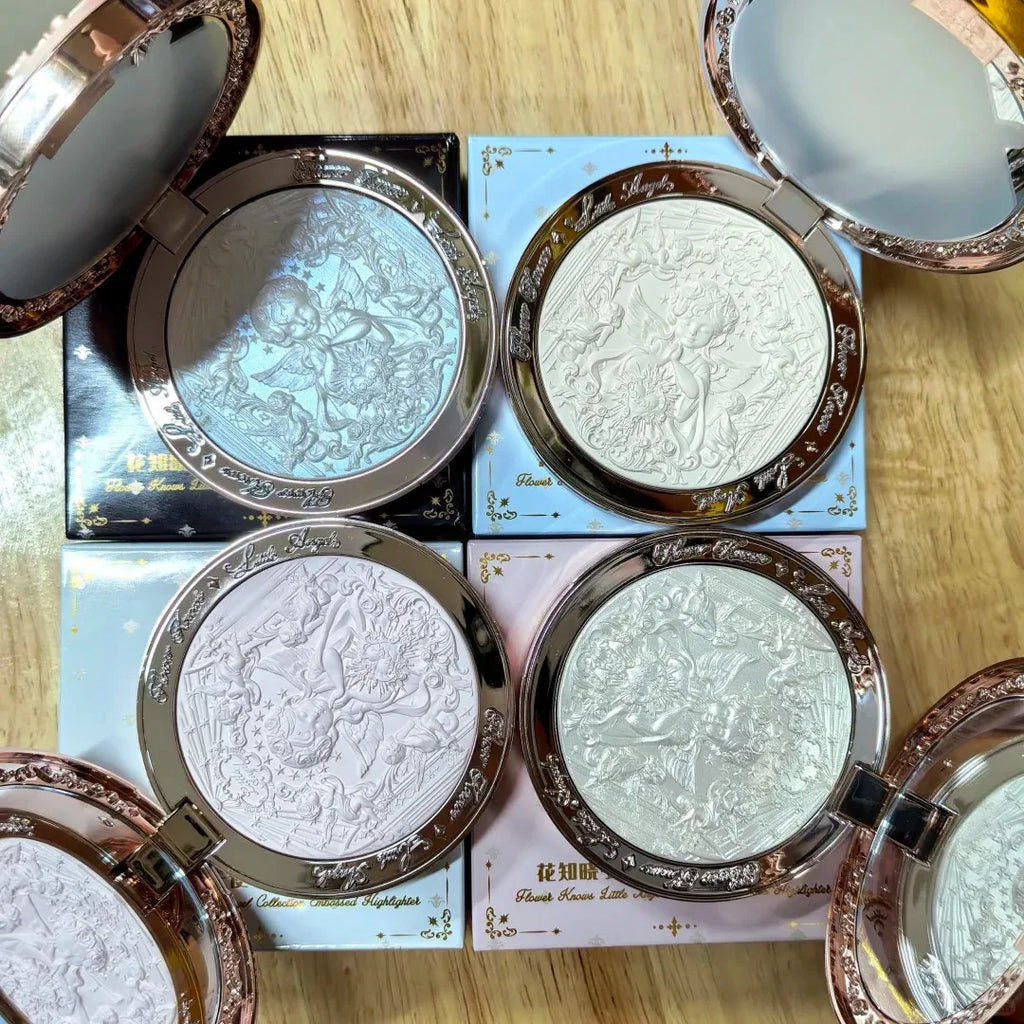 Tidesmit Flower Knows Little Angel embossed highlighter palette shimmer texture close-up for 3D face contouring
