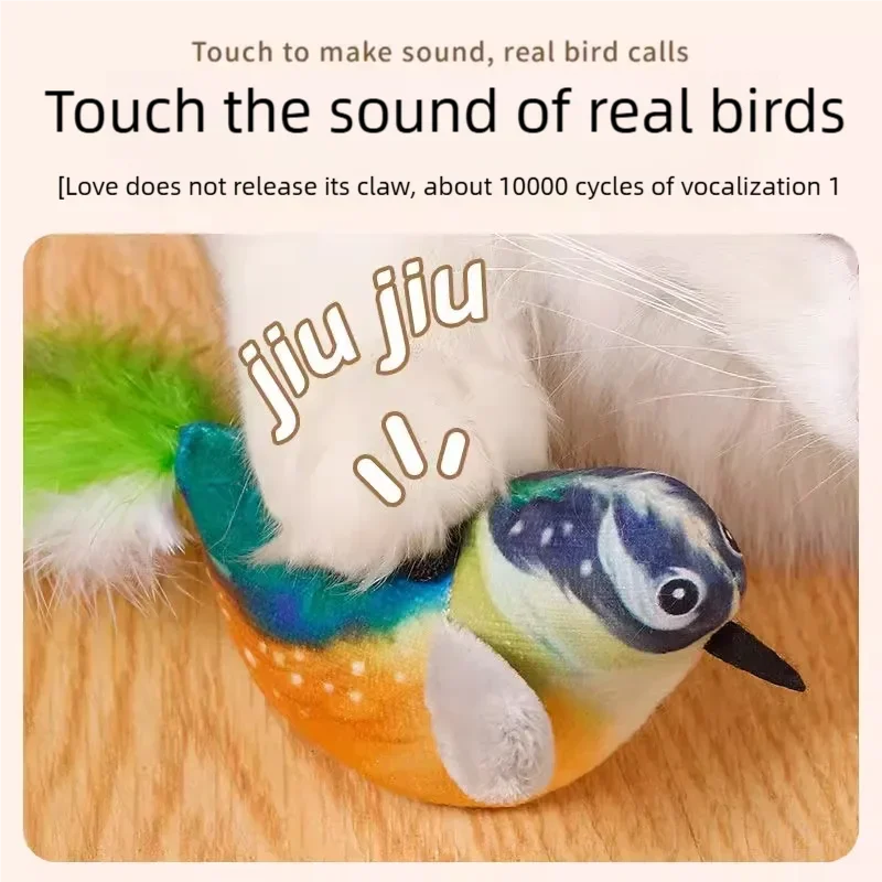 Interactive plush cat toy, colorful simulation bird with realistic chirping sound for kitten play and exercise.