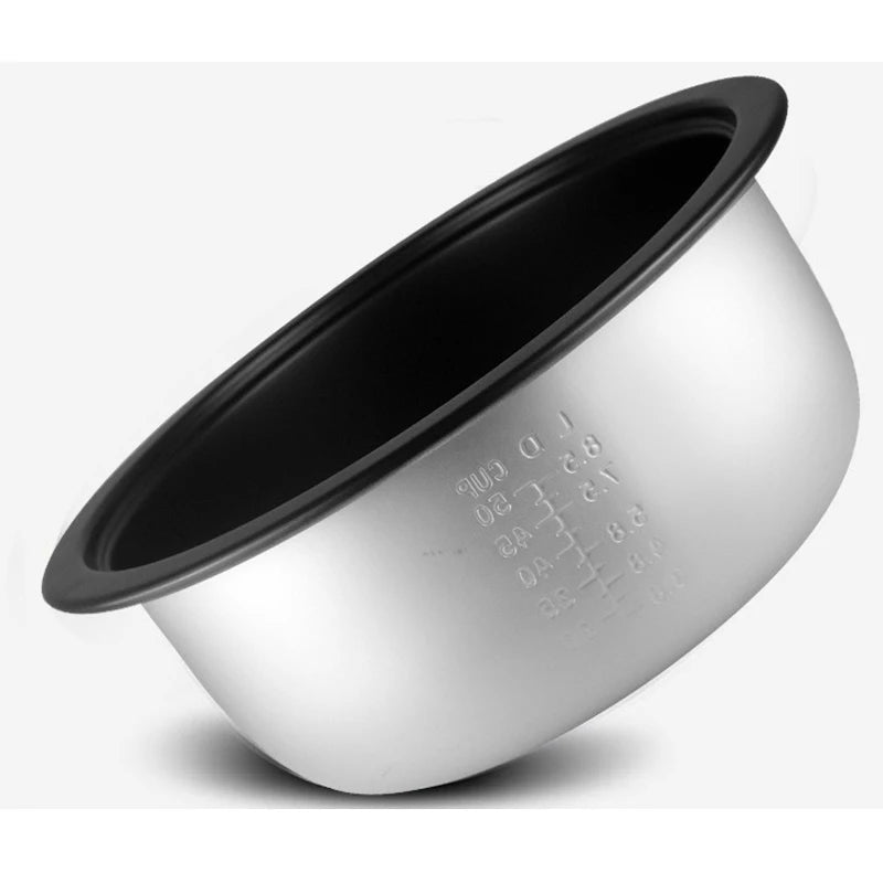 Commercial rice cooker drum pot with black lid rim and white exterior, stainless body
