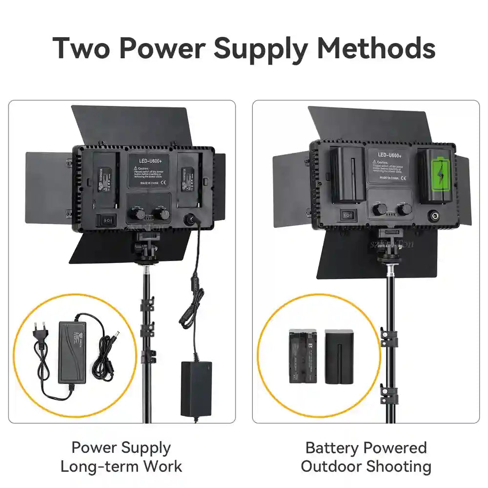 LED-U600+ studio light with black metal casing, adjustable barn doors, and two options: power adapter or dual batteries.