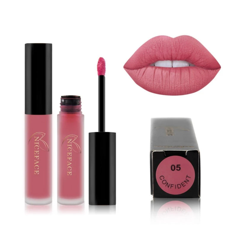 Niceface waterproof matte liquid lipstick in shade 05 Confident. Pink long-lasting lip gloss with wand applicator.