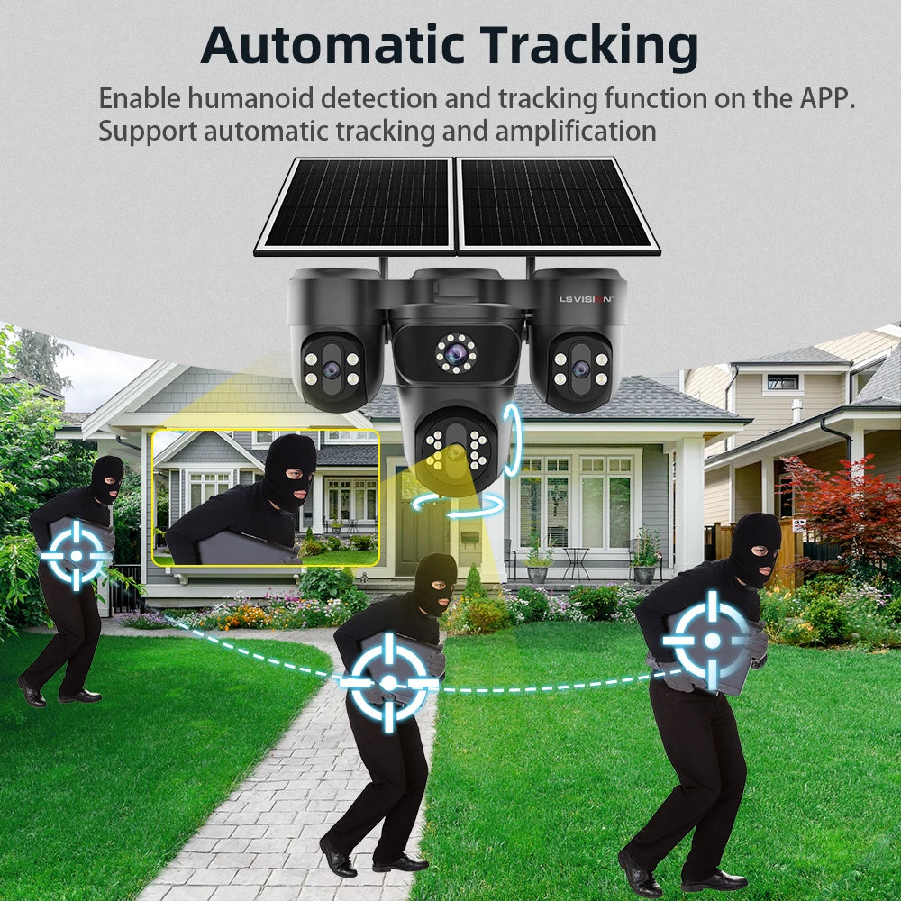 LS VISION Four Screens Camera Outdoor House Surveillance Cameras  4G SIM Wireless Camera Humanoid Automatic Tracking Ai Zoom