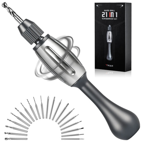 Metallic gray screwdriver/drill with non-slip handle and assorted S2 drill bits
