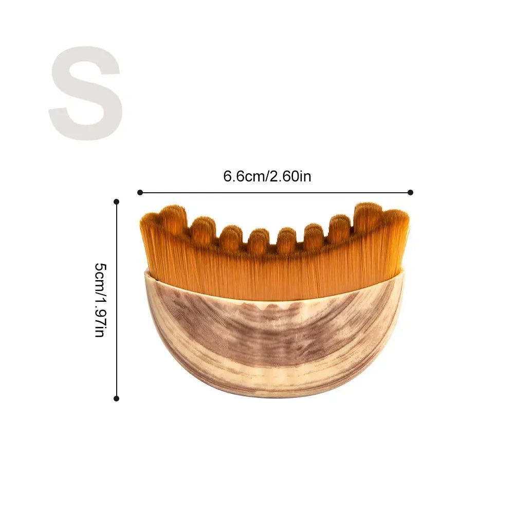 Small half-moon face contour brush with brown bristles, wood-grain handle, and size measurements overlay.
