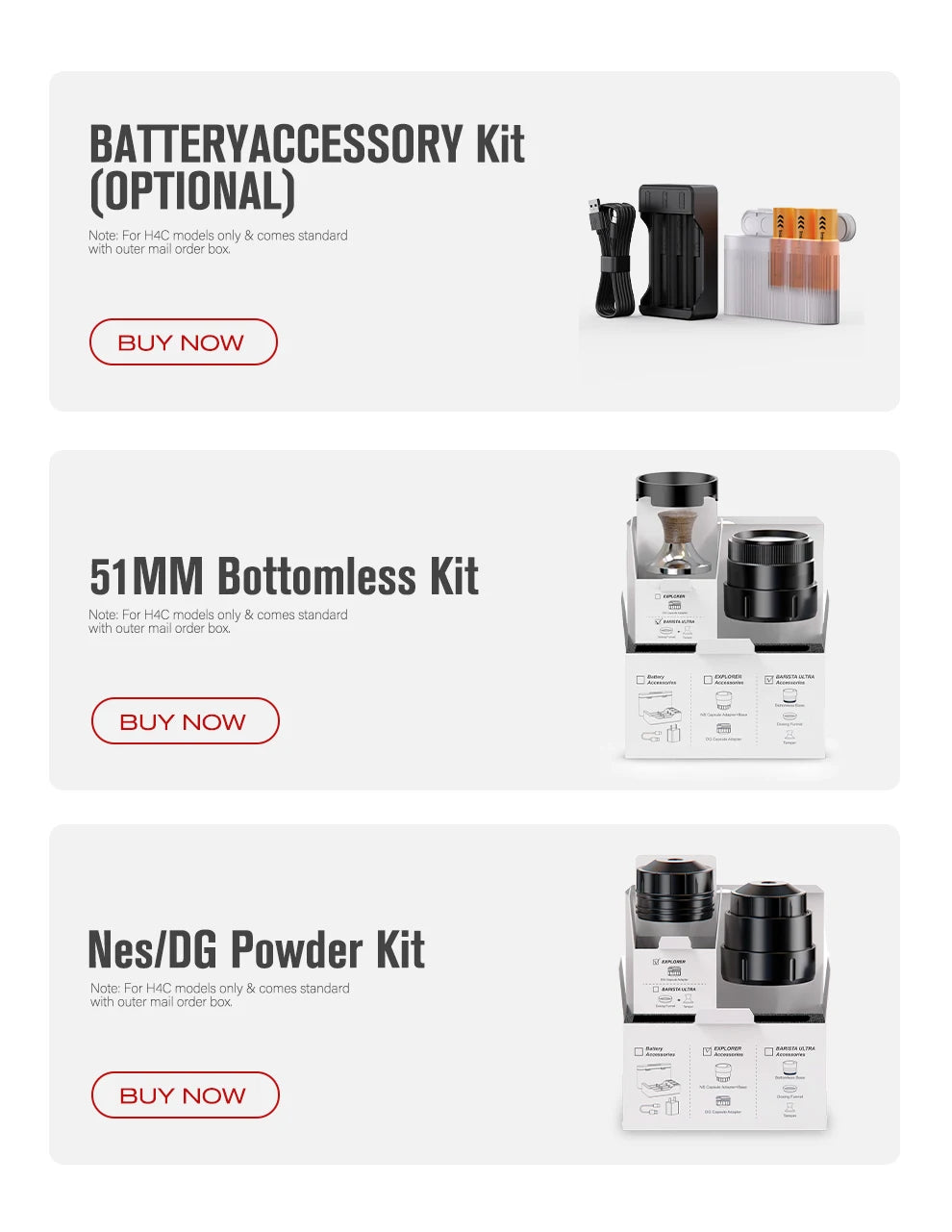 Staresso H4C coffee maker optional accessory kits including 51mm bottomless portafilter and Nes/DG capsule powder kit.