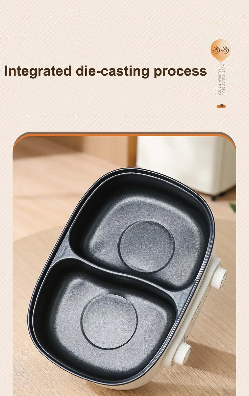 6L electric cooking pot base with dual non-stick inner pans and side handles, white body
