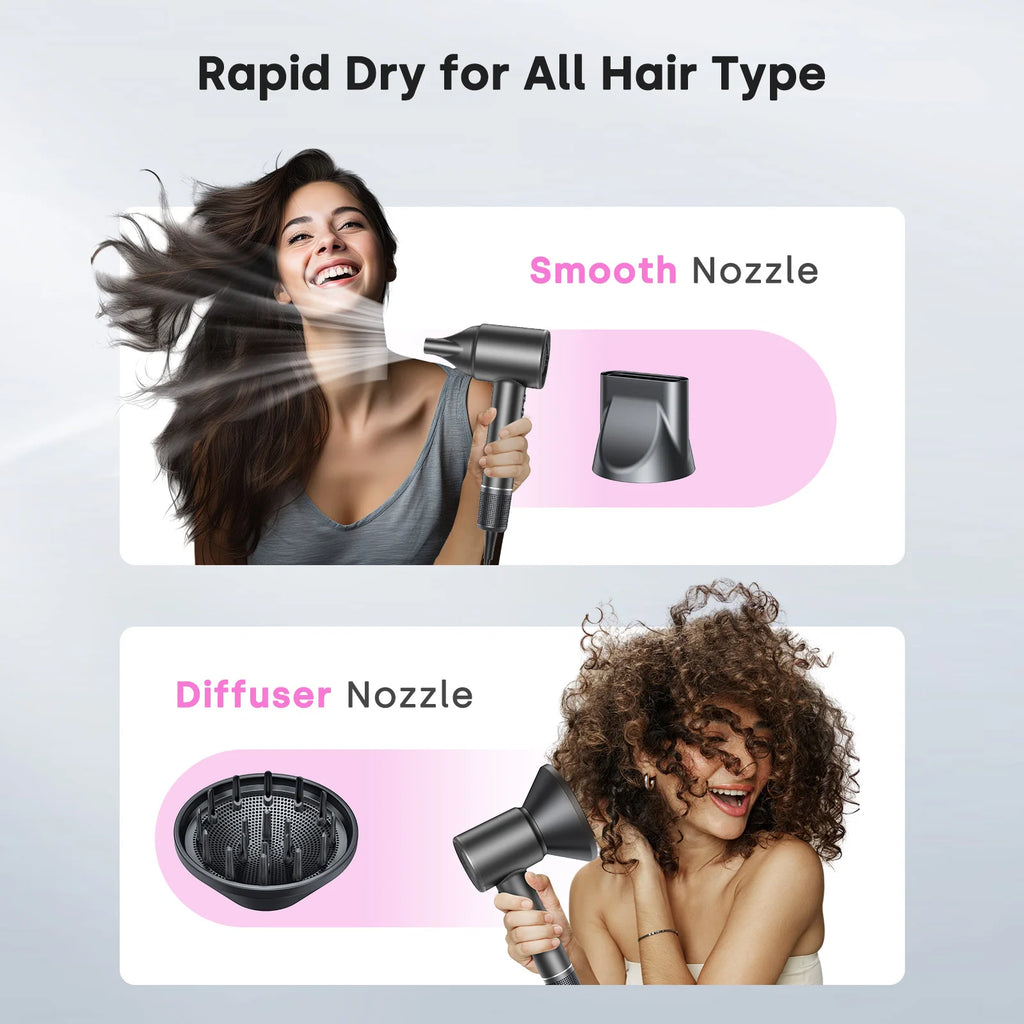 Grey high-speed ionic hair dryer with smooth and diffuser nozzles for fast, professional drying for all hair types.