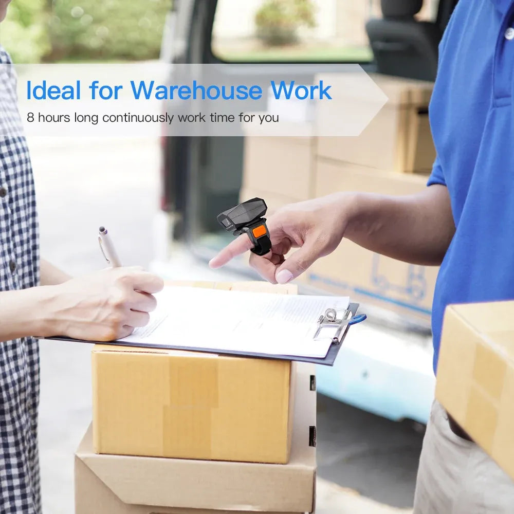 Wearable barcode scanner ring in hand scanning a package during warehouse work