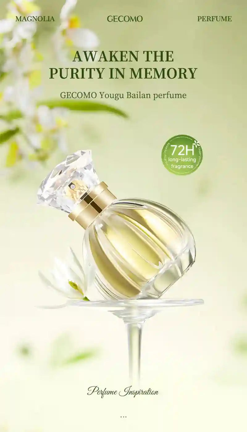 GECOMO Valley White Rose EDP for women: 50ml floral perfume, diamond-cap glass bottle, natural magnolia scent.