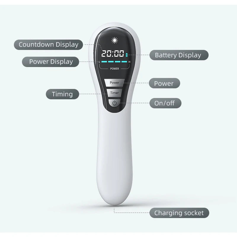 White handheld cold laser therapy device for pain relief with digital display, power, timer, and charging features.