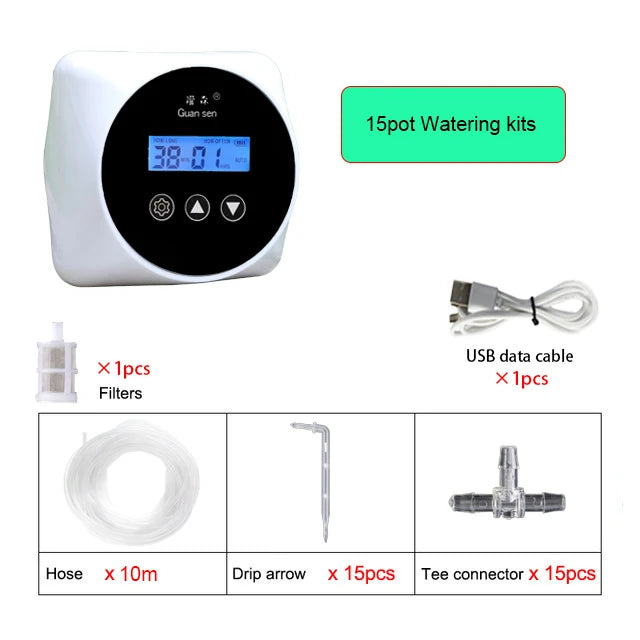 15-pot automatic drip irrigation timer controller kit with 10m hose and tee/drip connectors
