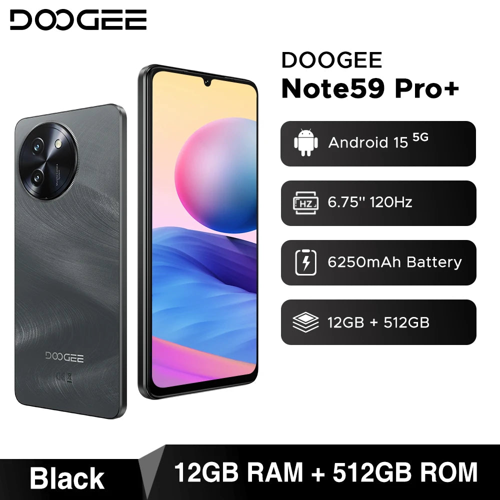 DOOGEE Note59 Pro+ 5G smartphone in black, 6.75" 120Hz display, 6250mAh battery, 12GB+512GB, Android 15.