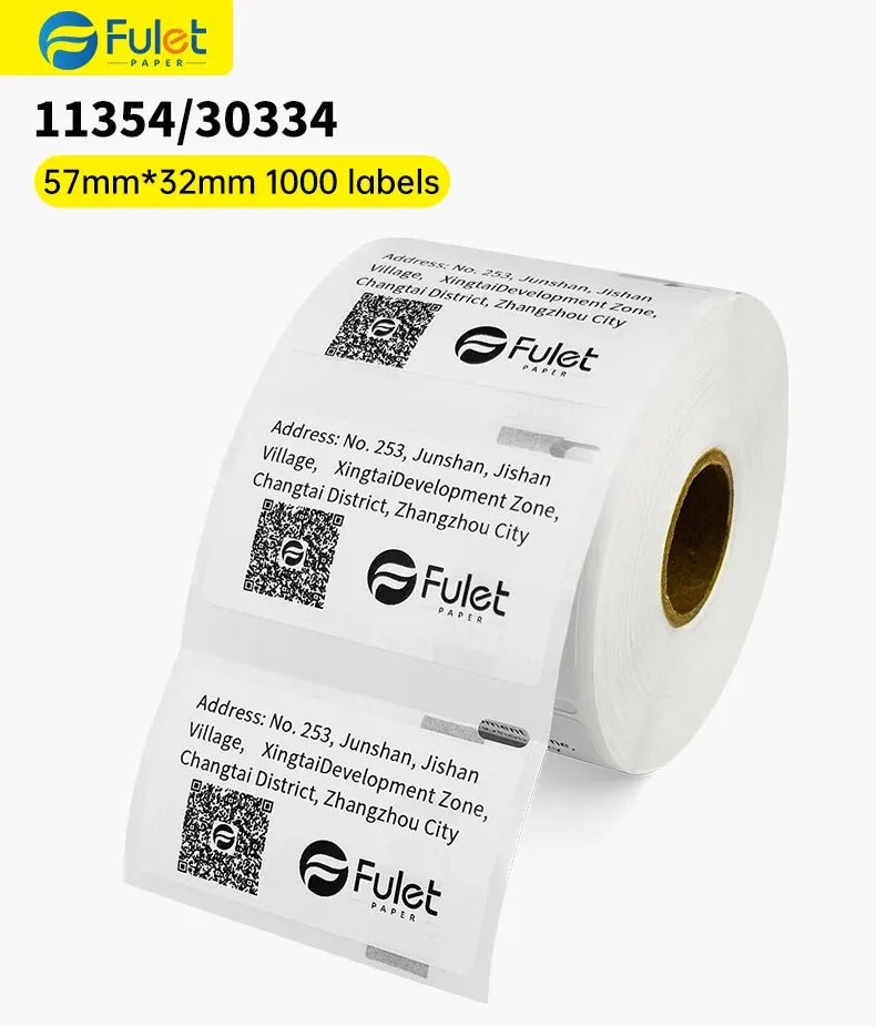White barcode label roll with printed address labels; 57x32mm size shown.