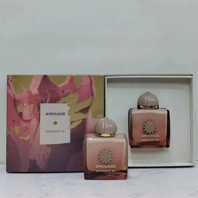 Amouage Guidance 46 unisex EDP: woody oriental luxury perfume in an elegant square glass bottle with decorative cap.