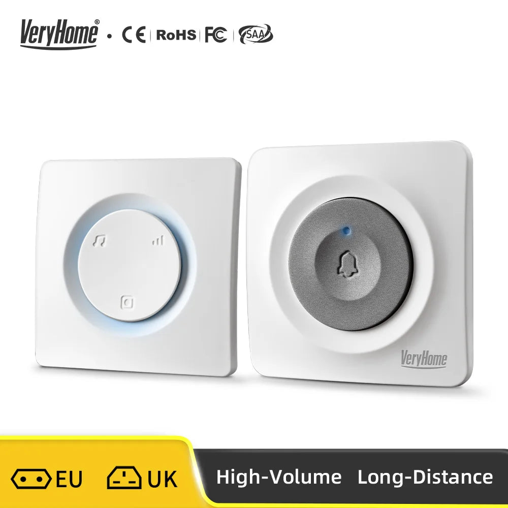 VERYHOME Wireless Doorbell with Large Button, 500ft Range, IP44 Waterproof, LED Night Light, Loud Chime, New Chip, Home Security