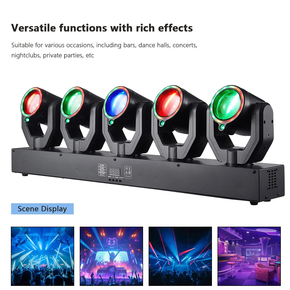 Five-head RGB stage moving beam light bar with multi-color lens rings and front panel
