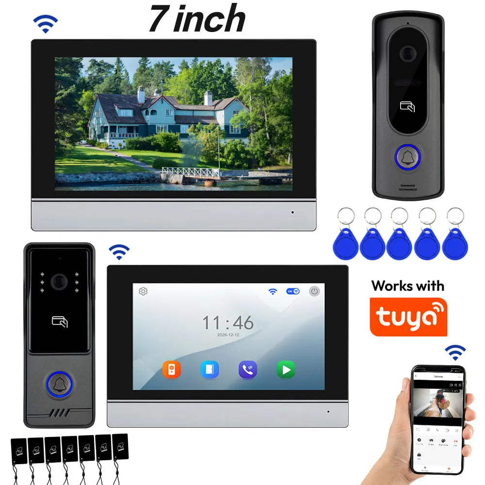 Tuya Wifi 7inch 4 Wires Video Doorbell HD Monitor RFID Metal IR Camera Visual Intercom Two-way Audio APP Unlock Video Door Phone