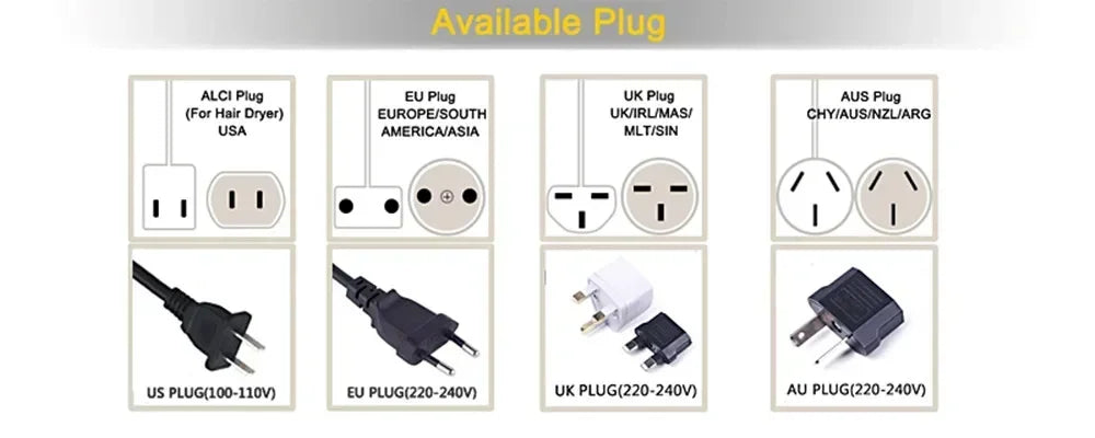 Available plug types for 6-in-1 hair dryer brush: US, EU, UK, and AU power adapter options for global styling tools.