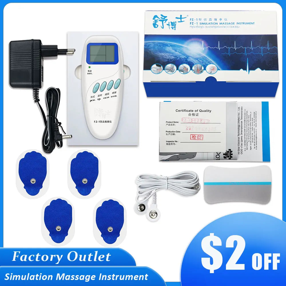White TENS electric muscle stimulator with digital display, blue pads, power adapter, and box for pain relief therapy.
