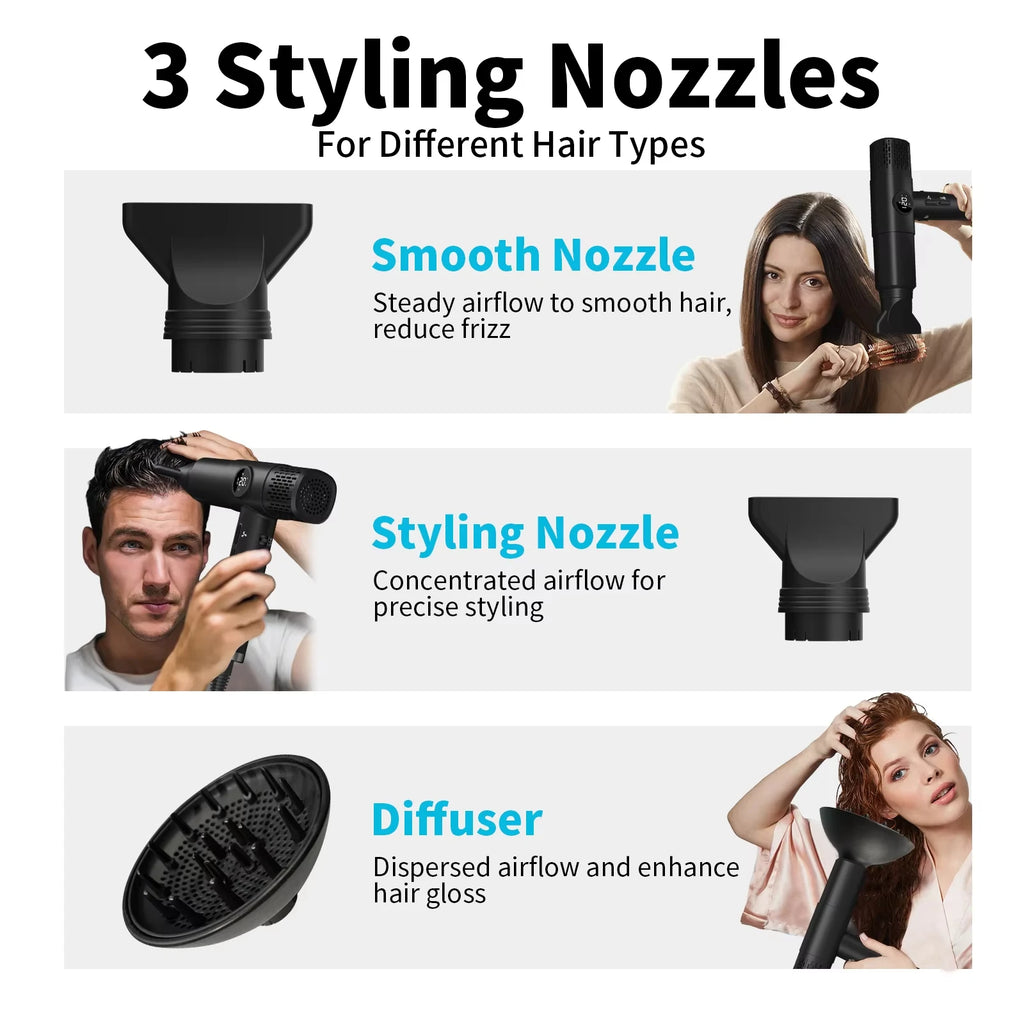 TINSOL high-speed negative ion hair dryer with 3 black styling nozzles, diffuser, and smooth nozzle for fast drying.