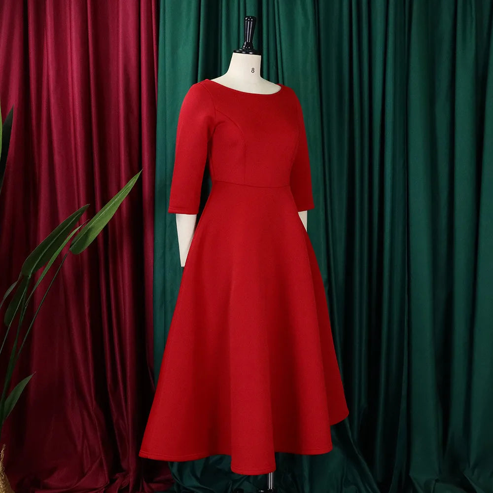 Elegant Pure Color Maxi Dress Evening Gown A- Line Skirt Polyester Fabric round Neck Short Sleeve High Waist Midi Dress