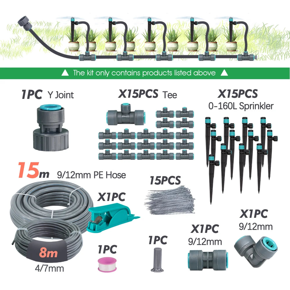 Garden irrigation sprinkler tee kit with 15m 9/12mm PE hose, tees, Y joint and sprinkler heads