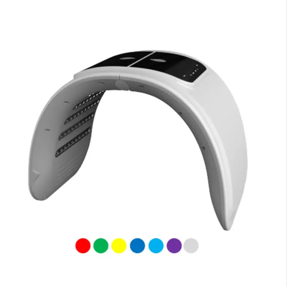 White arched LED light therapy facial device with a digital control panel and seven color icons below.